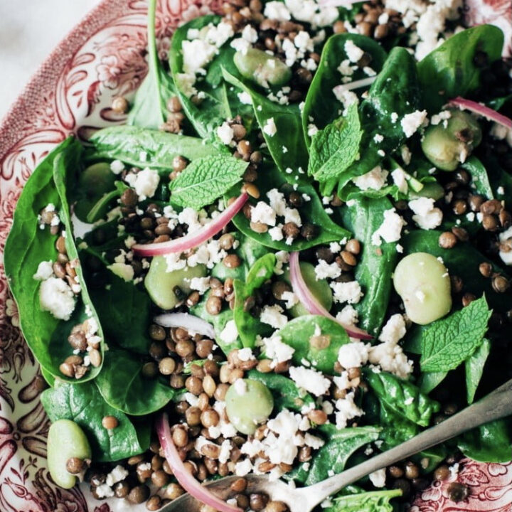 Top down view of lentil salad with feta and broad beans