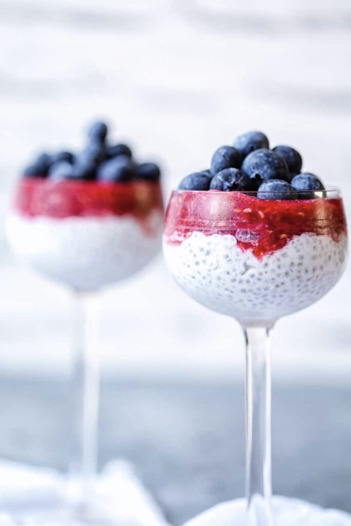 Side view of chia seed pudding showing three layers
