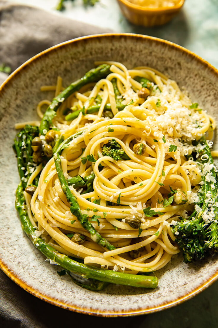 Lemon Garlic Pasta with Broccoli and Asparagus - The Veg Connection