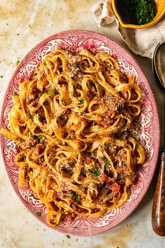 Plate of pasta with vegetarian mushroom bolognese