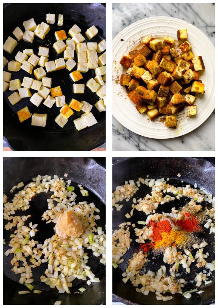 Process shots of cooking the cheese and spice mixture