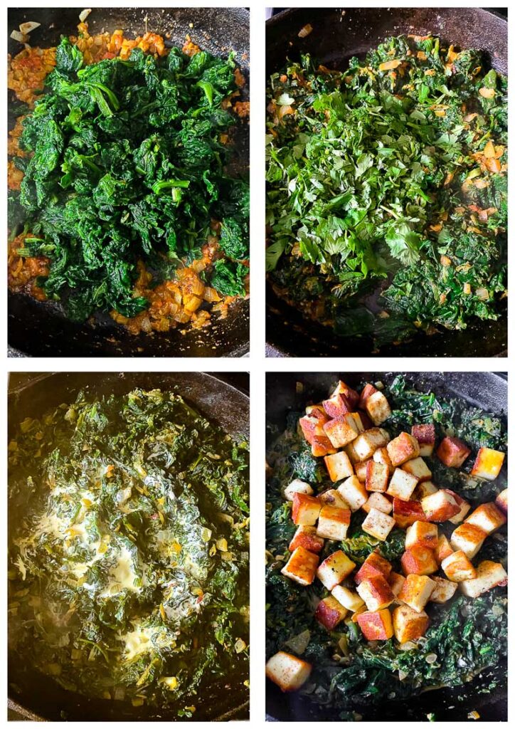Four process shots of spinach and cheese added to pan