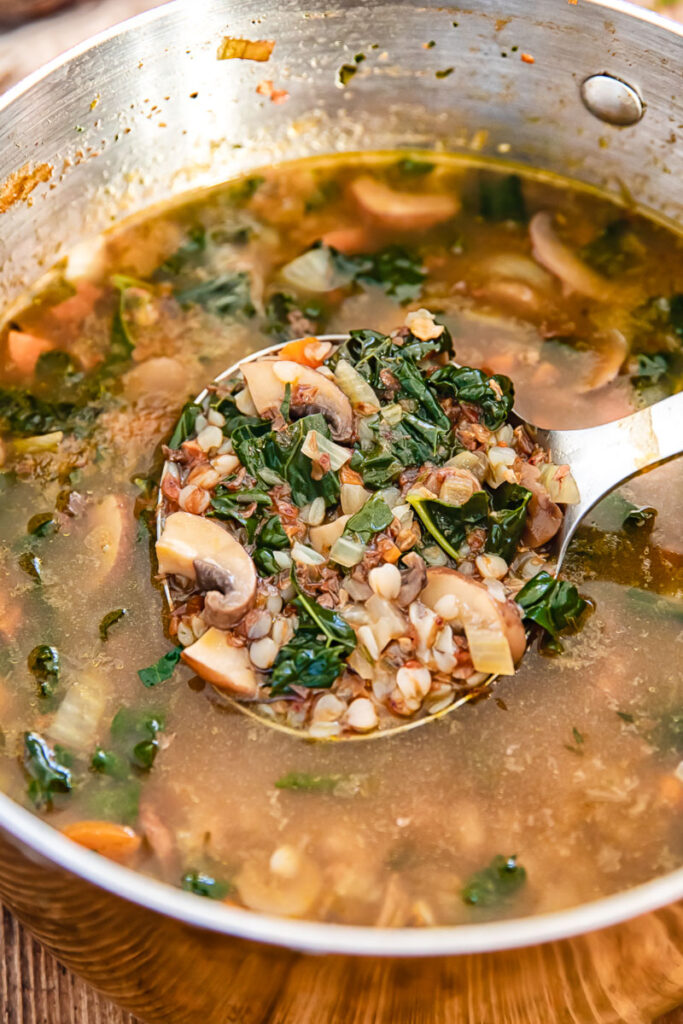 ladle pulling vegan mushroom soup from a saucepan
