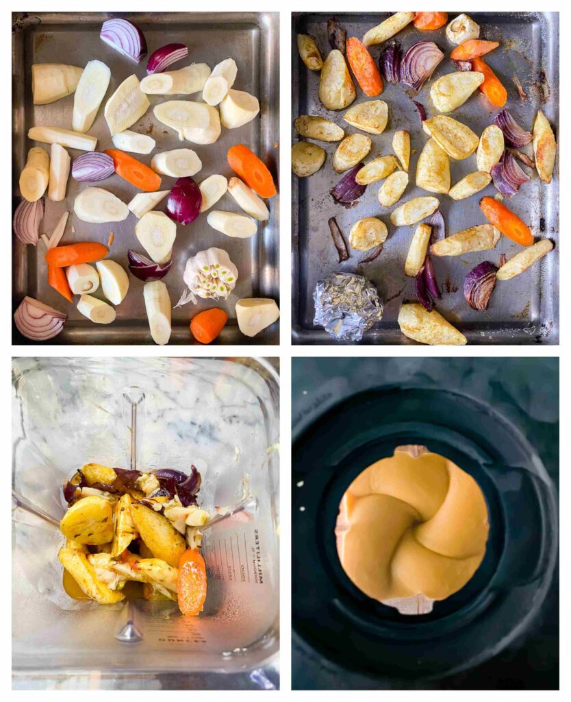 four process shots showing the preparation of vegetables