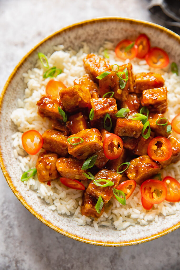 glazed tofu on rice in a bowl