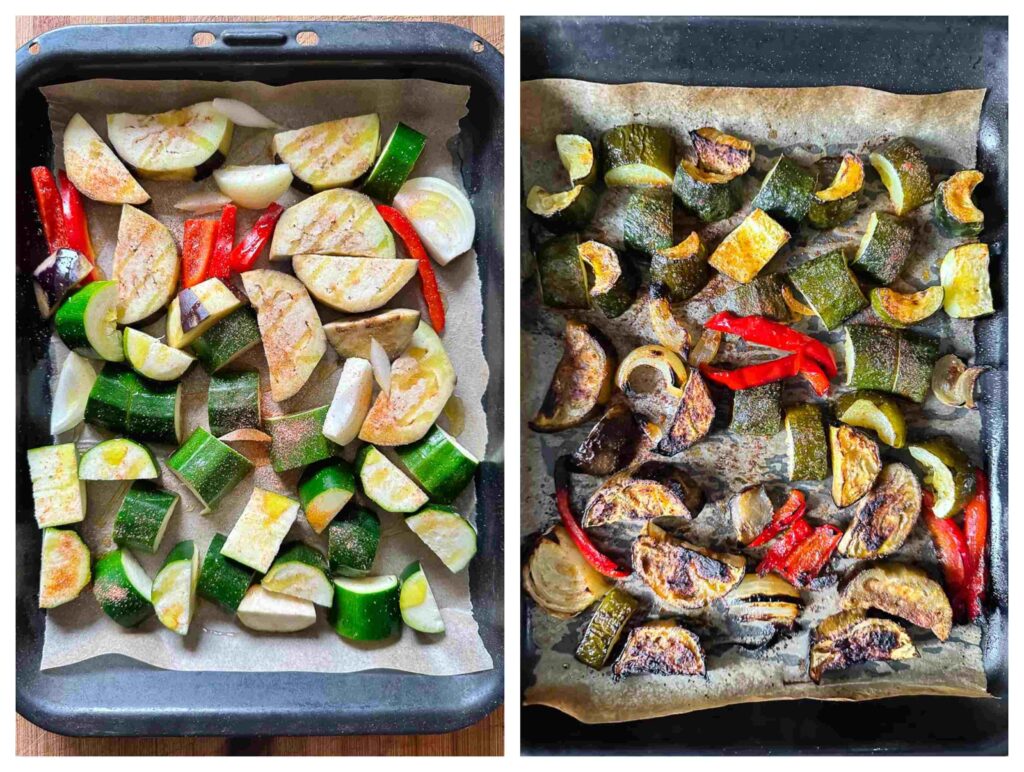 two photos showing raw and roasted vegetables