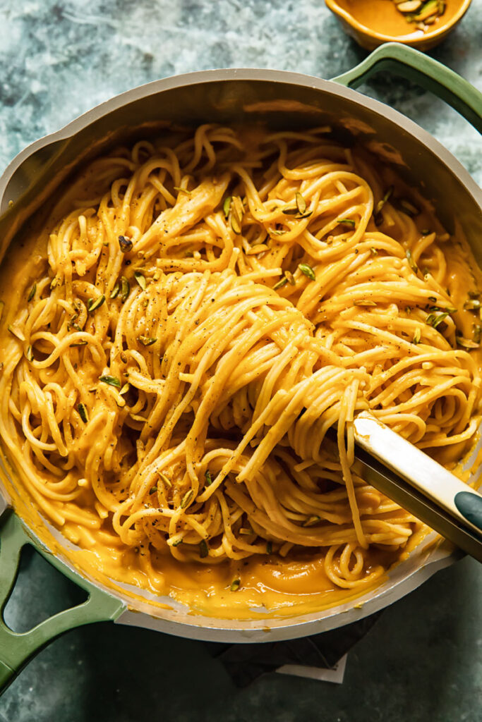 Top down of a pan with roasted butternut squash pasta