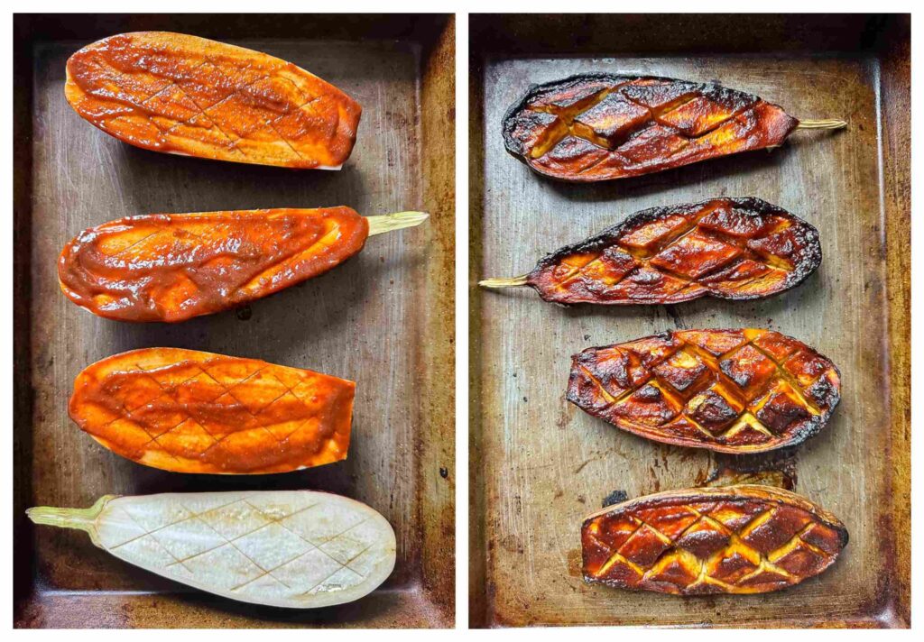 Two shots showing glazing and cooked eggplant