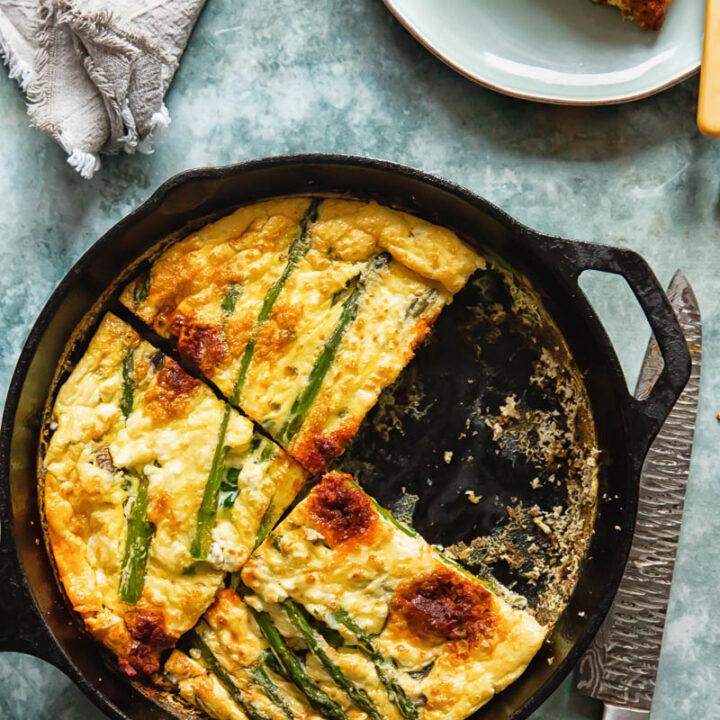 Vegetable frittata with a quarter slice removed