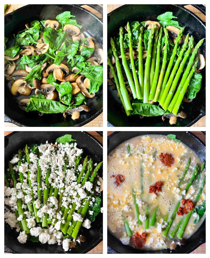 four photos showing how to assemble the dish in a cast iron pan