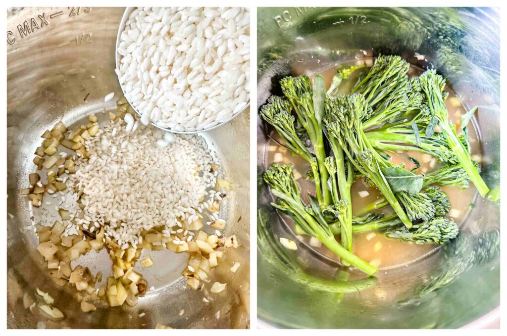 Two process shots showing how t add the ingredients to the instant pot